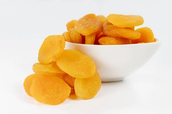 Tasty Dried Apricots White Bowl Treats Cakes Kitchen Table White — Stock Photo, Image