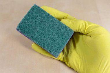 Sünger ve evde yüzey temizleme sıvı. Temiz ev tutmak için aksesuarlar. Açık renkli.