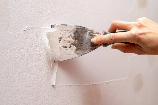 Stripping old paint from the wall. Renovation and painting of walls in the apartment. Place - home farm.