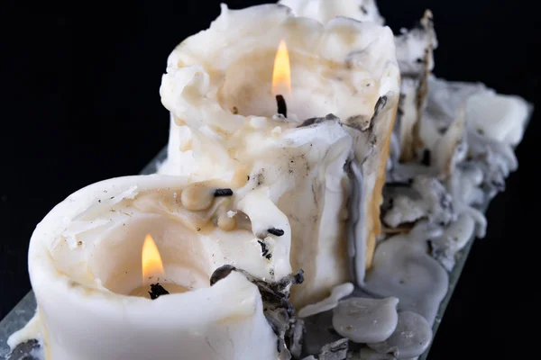 Old Soiled Big Candles Wooden Black Table Old Method Lighting — Stock Photo, Image