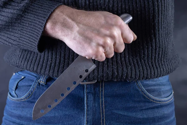 Sharp Steel Knife Held Hand Background Jeans Trousers Dangerous Poison — Stock Photo, Image