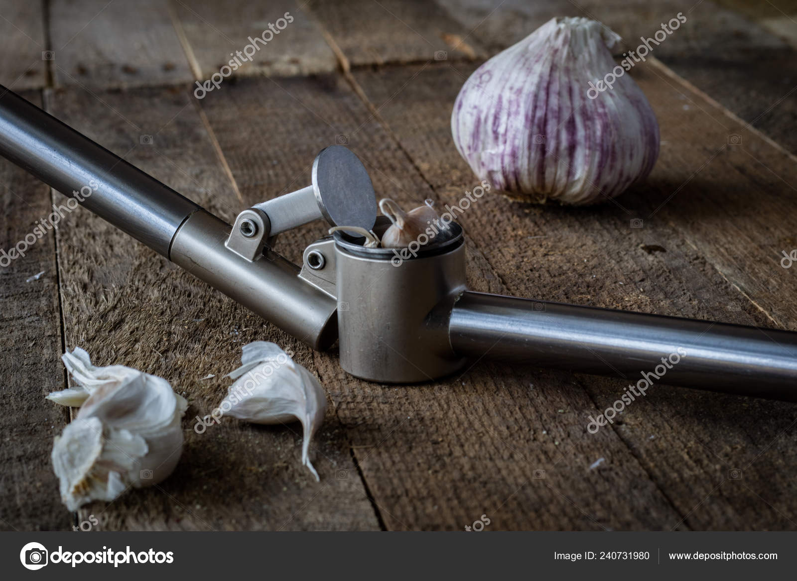 Garlic Vegetable Press Wooden Kitchen Table Dark Background
