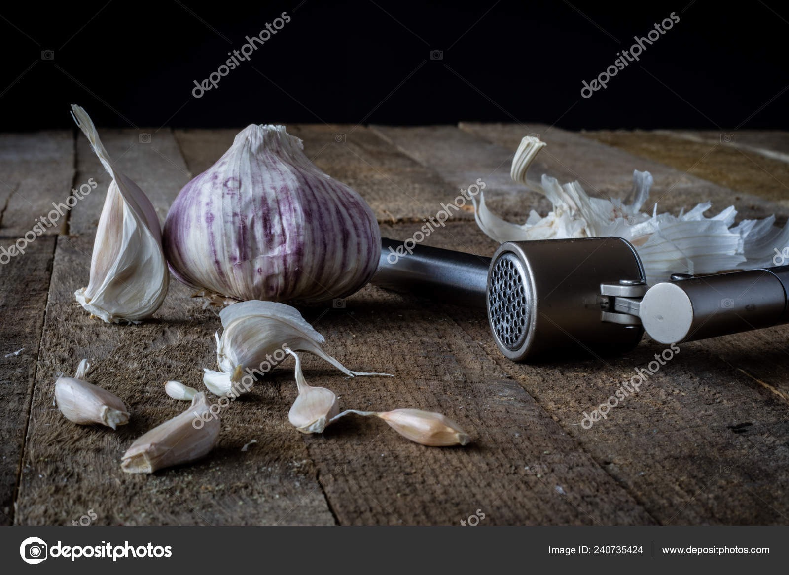Garlic Vegetable Press Wooden Kitchen Table Dark Background