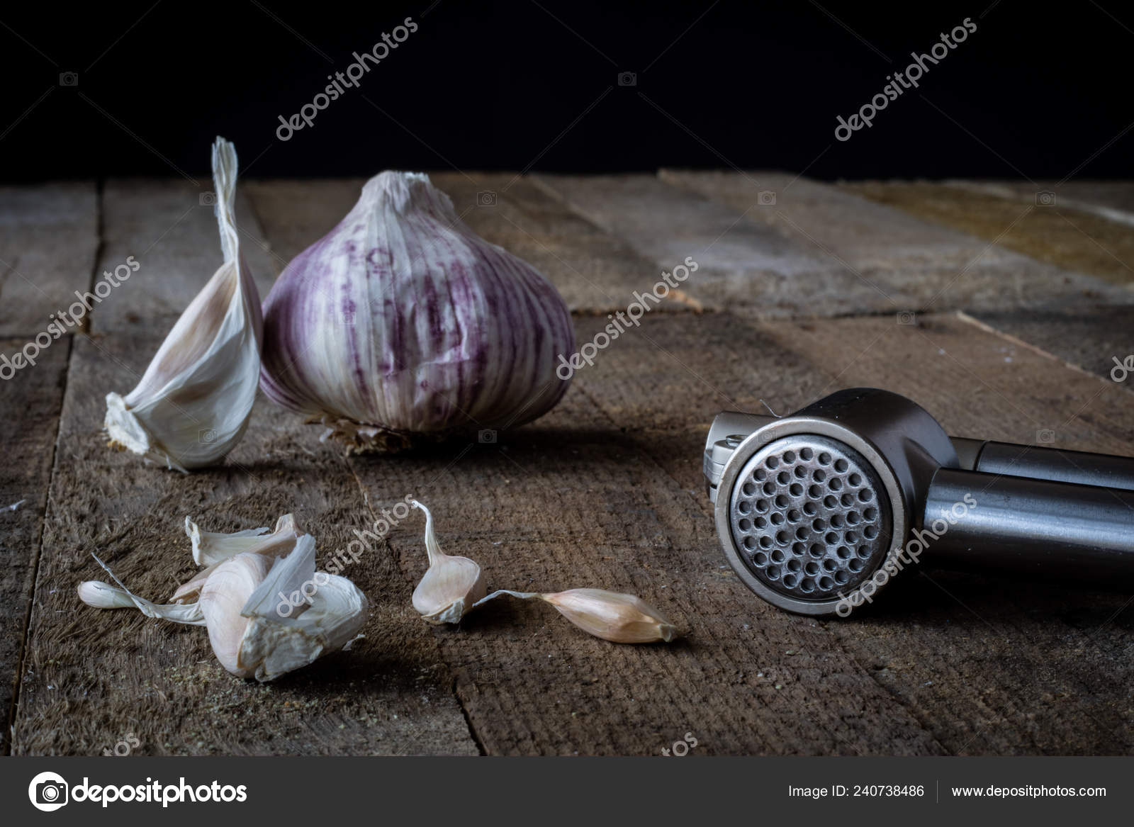 Garlic Vegetable Press Wooden Kitchen Table Dark Background