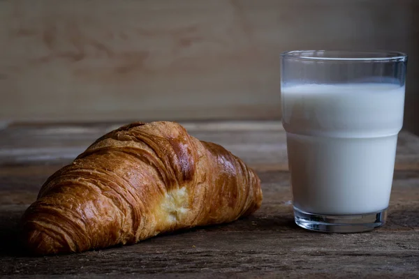 Croissant Cup Milk Wooden Table — Stock Photo, Image