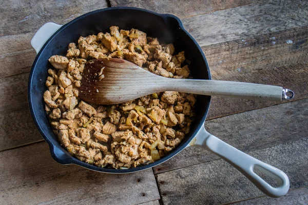 Carne Fritta Saporita Una Pentola Pane — Foto Stock