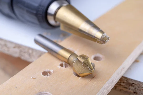 Drilling Deepening Holes Wood Countersink Other Accessories Small Carpentry Work — Stock Photo, Image
