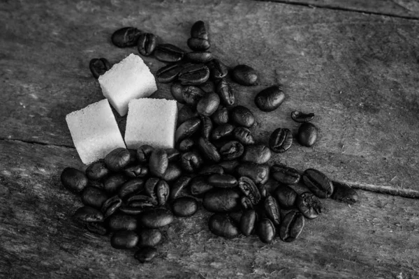 Coffee Milk Sugar Wooden Kitchen Table Dark Background — Stock Photo, Image