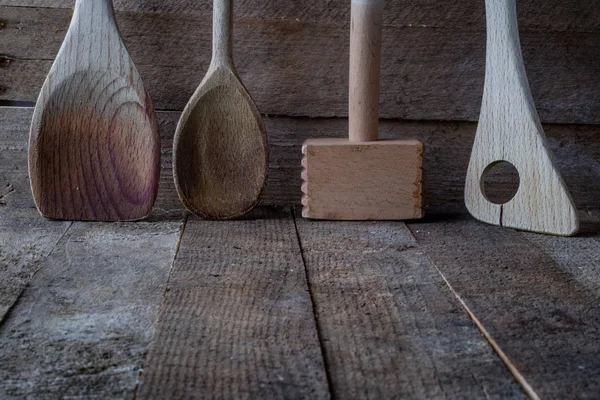 Wooden Kitchen Utensils Kitchen Table — Stock Photo, Image