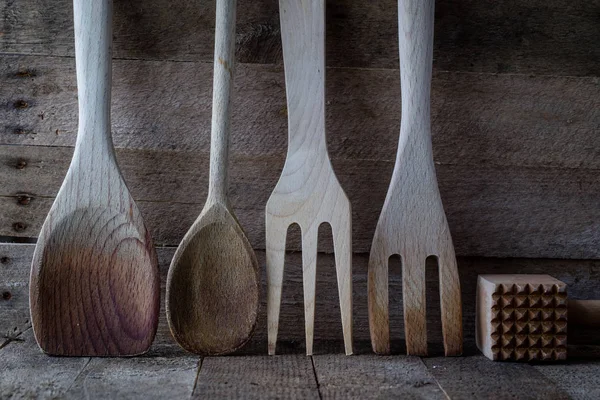 Wooden Kitchen Utensils Kitchen Table — Stock Photo, Image