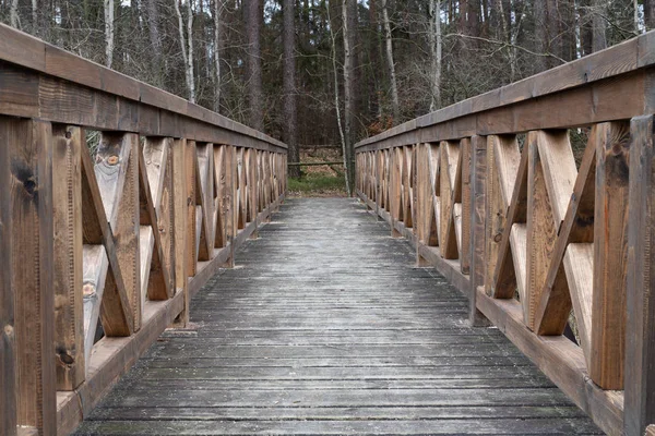 A solid wooden bridge over the forested wetlands. Forest reserve of forest bogs. Season winter.