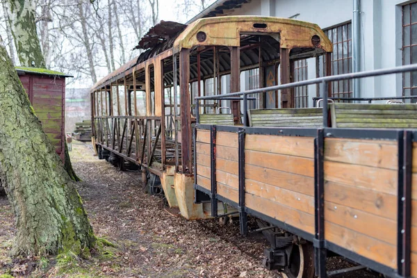 狭いゲージの鉄道の古いさびたワゴン 駐留地の古い蒸気機関車 秋のシーズン — ストック写真