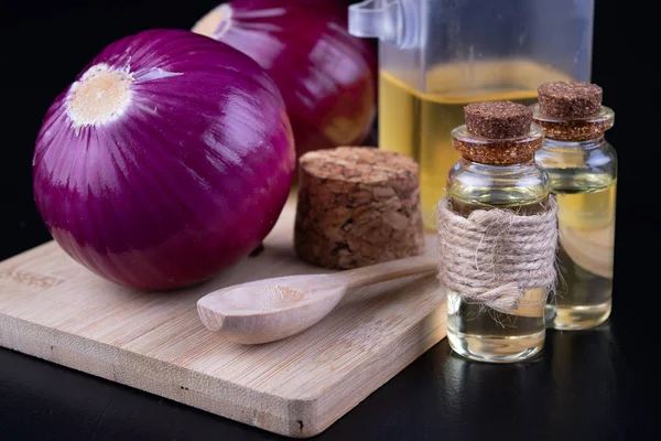 Onions Medicinal Juice Colds Home Remedies Colds Dark Background — Stock Photo, Image