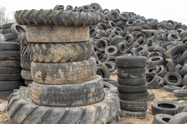 Viejas llantas gastadas en un basurero abandonado. Montón de basura leer —  Fotos de Stock