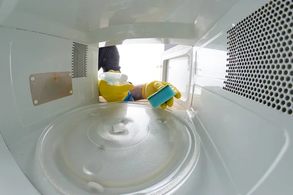 Cleaning the inside of the microwave in the home kitchen. The de — Stock Photo, Image