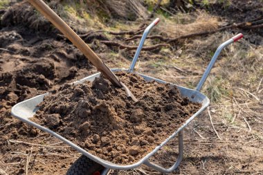 El arabası ve kürek bahçede. Temizlik inşaat garde içinde
