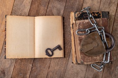 Eski kitaplar eski bir asma kilit ile yeni bir parlak zincir ile bağlı. Koru -sun