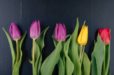 Karanlık bir masada laleler. Güzel çiçekler th düzenlemek için hazırlanan
