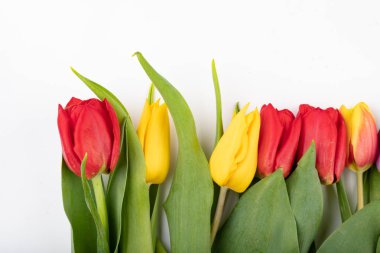 Laleler açık bir masada. Güzel çiçekler t düzenlemek için hazırlanan