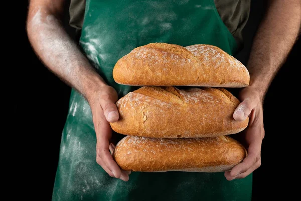 Freshly baked tasty bread in the baker\'s hands. Tasty baked good