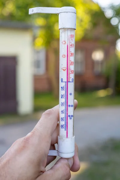 Thermometer indicating high temperature. Heat in the city is a t