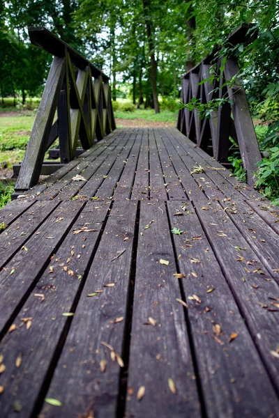 Uma pequena ponte de madeira no parque. Cruzando um pequeno rio no — Fotografia de Stock