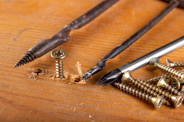 Destornillador Metálico Antiguo Para Hacer Agujeros Madera Para Tornillos Herramientas —  Fotos de Stock