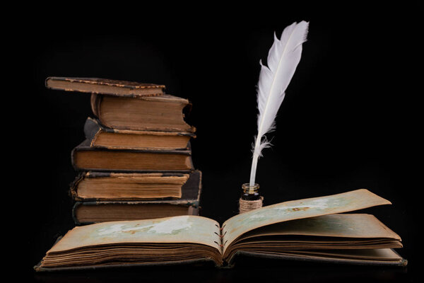 Feathers of birds for writing and calligraphy on old paper. A pl