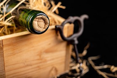 Tahta bir kutuda bir şişe şarap. Lezzetli bir alkollü içecek 