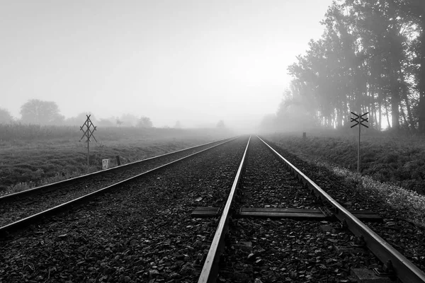 Vías férreas en la niebla. Mañana brumosa sobre una línea de ferrocarril en — Foto de Stock