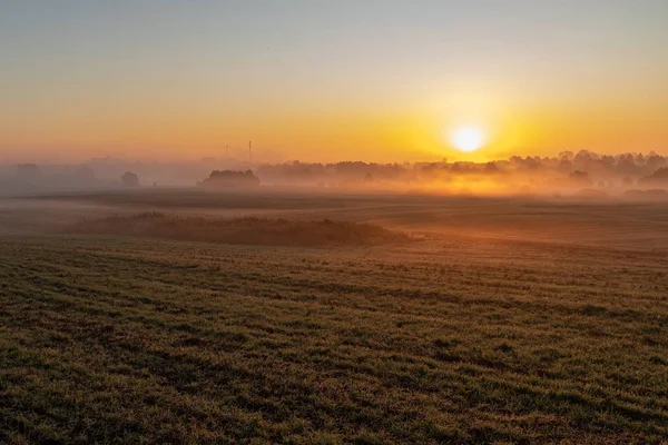 Nevoeiro em campos nebulosos ao nascer do sol. O sol nascente sobre os campos i — Fotografia de Stock