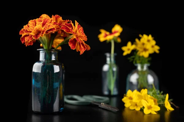 Fleurs sauvages fraîches dans un vase en verre sur une table sombre. Belle co — Photo