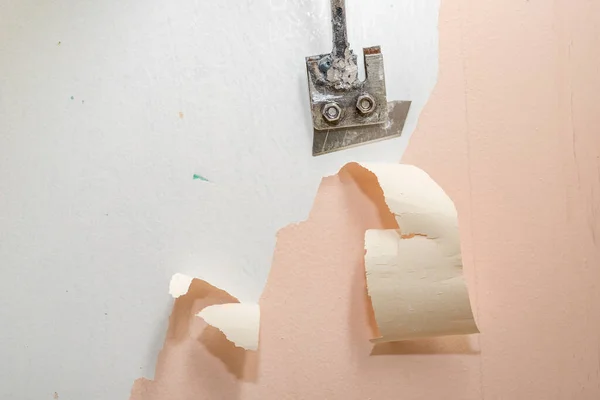 Peeling Old Latex Paint Wall Using Scraper Renovate Bathroom Place — Stock Photo, Image