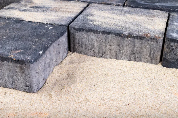 Posando Pietre Pavimentazione Sulla Sabbia Pavimentazione Minore Lavoro Ambiente Domestico — Foto Stock