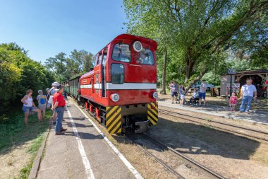 Venedik, Kujawsko-Pomorskie / Polonya - 16 Ağustos 2020: Orta Avrupa 'da dar ölçülü demiryolu. Vagonlar, lokomotifler ve turist tren istasyonları. Sezon - Yaz.