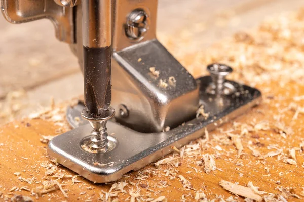 Installation Furniture Hinges Chipboard Minor Carpentry Work Assembling Furniture Place — Stock Photo, Image