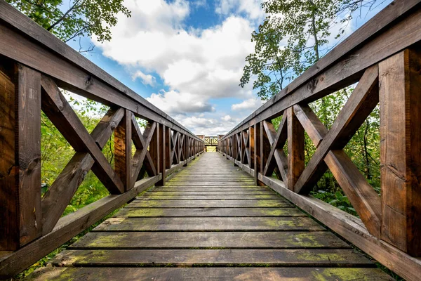 Ponte Madeira Floresta Com Corrimão Resistente Uma Área Caminhada Para — Fotografia de Stock