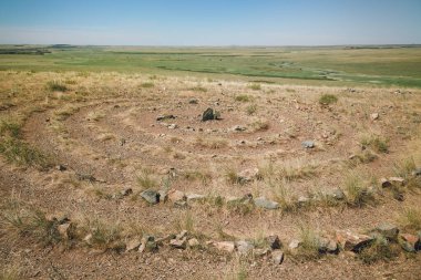 Yazın Steppe. Açık mavi gökyüzünün arka planında yeşil çimenler ve kır çiçekleriyle kaplı kumlu bozkır tepelerinin güzel bir alt manzarası. Arkaim rezervi.