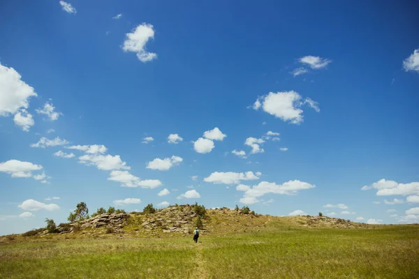 Steppe Sommaren Vacker Botten Utsikt Över Sandiga Stäpp Kullar Täckt — Stockfoto