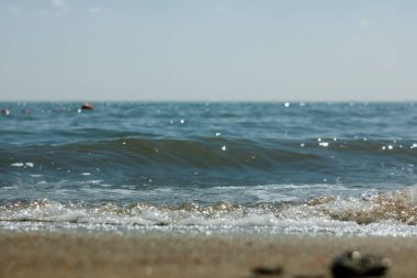 Bolşoy Yarovoe tuz gölünün (Altai Bölgesi) kumsalına ve suyuna yakın çekim).