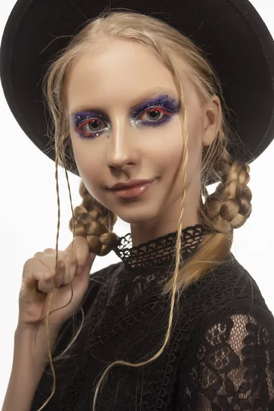 Beautiful Smiling Blond Teenage Girl Wearing Black Witch Gothic Dress — Stock Photo, Image