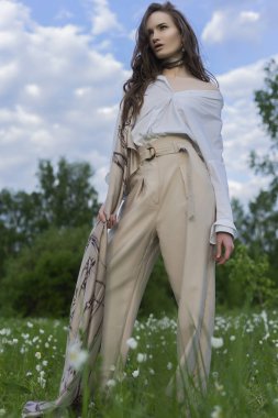 Trendy bir beyaz gömlek, bej pantolon ve bir pareo giyen güzel şık kız açık havada çayır kır çiçekleri ve mavi bulutlu gökyüzü dolu bir arka plan karşı teşkil etmektedir. Reklam tasarımı. Kopya alanı.