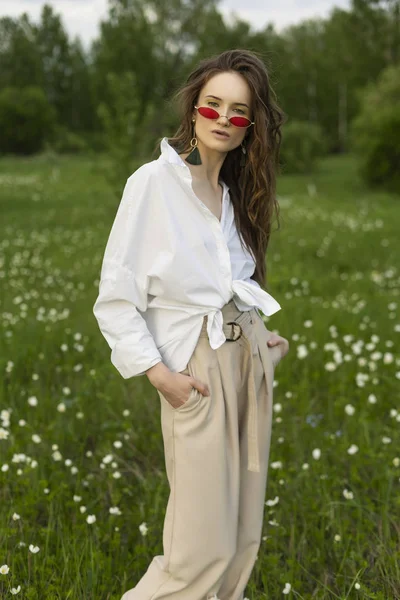 Trendy bir beyaz gömlek, bej jimnastik pantolonu ve kırmızı güneş gözlüğü giyen güzel şık genç kız açık havada beyaz kır çiçekleri tam çayır teşkil etmektedir. Ticari ve reklam tasarımı. Kopya alanı