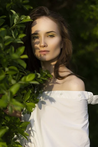 Piękne Stylowe Młoda Dziewczyna Modna Biała Koszula Spodnie Beżowy Zewnątrz — Zdjęcie stockowe