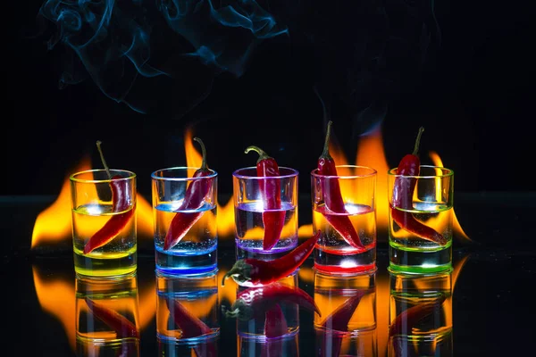 Five Shot Glasses Full Drink Red Chili Peppers Lying Them — Stock Photo, Image