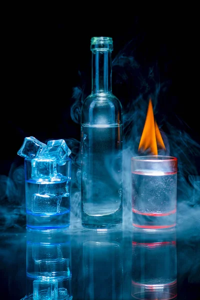 Two Blue Red Shot Glasses Full Drinks One Wich Ice — Stock Photo, Image