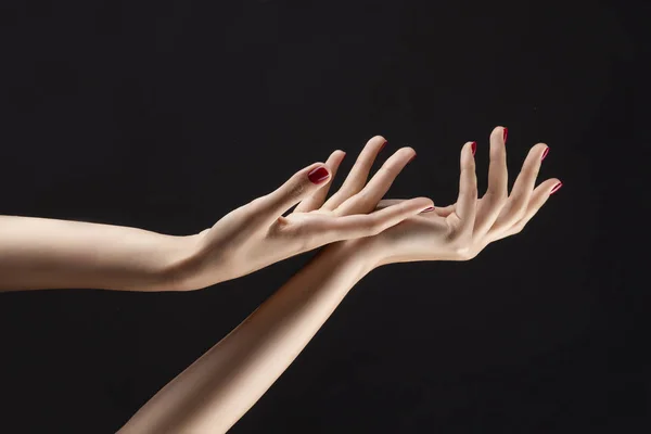 Closeup Beautiful Woman Hands Red Manicure Nails Cream Palms Manicure — Stock Photo, Image