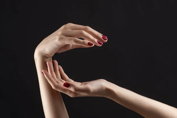 Closeup of beautiful woman hands with red manicure on the nails. Cream for palms, manicure and beauty treatment. Elegant and graceful arms with slender graceful fingers. Copy space. Isolated on black.