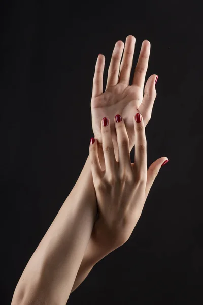 Closeup of beautiful woman hands with red manicure on the nails. Cream for palms, manicure and beauty treatment. Elegant and graceful arms with slender graceful fingers. Copy space. Isolated on black.