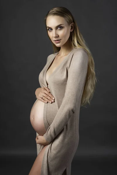 Beautiful Smiling Pregnant Young Woman Wearing Lingerie Knitted Dress Undone — Stock Photo, Image